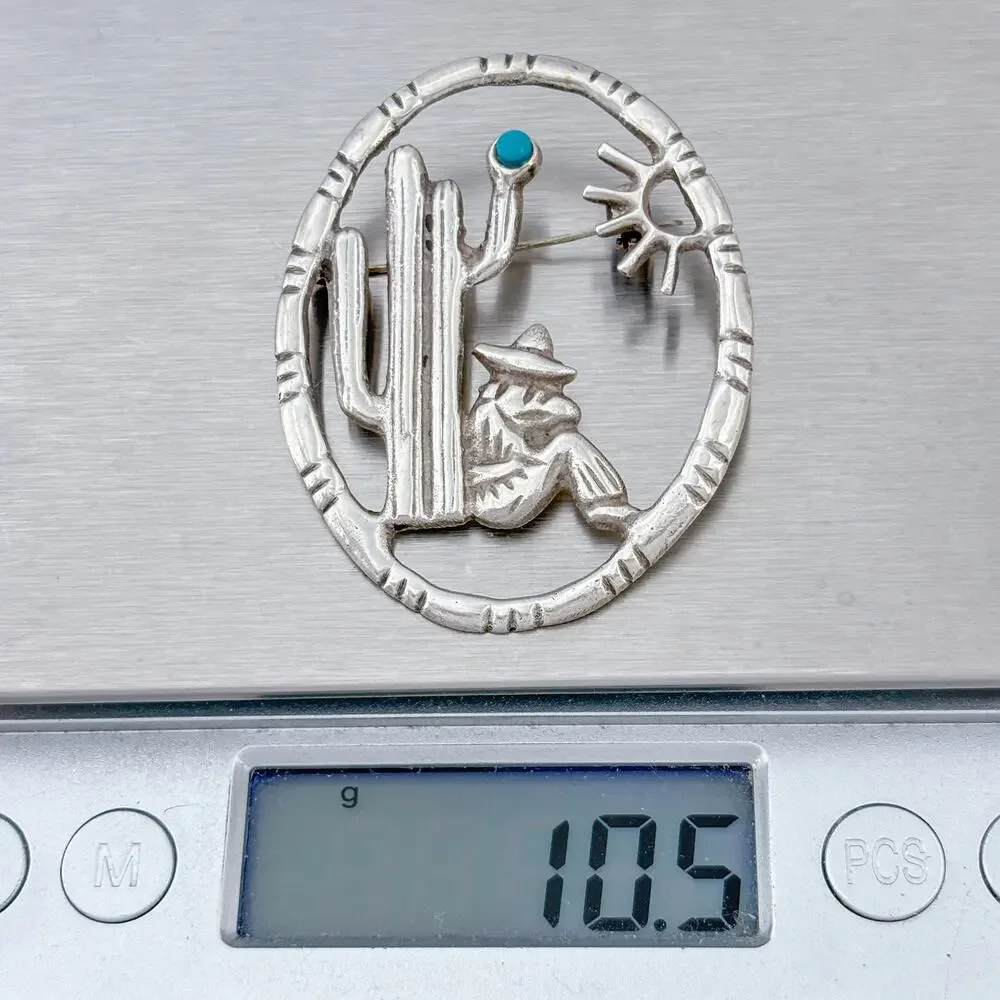Vintage Sterling Silver 925 Turquoise Saguaro Cactus Brooch